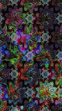 Üzerinde gelincikler ve vadi zambakları olan renkli çiçek desenli nakış deseni. Tekstil tasarımı için siyah ve kahverengi renkli geleneksel halk çiçekleri..