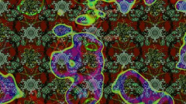 Raster illüstrasyonu. Kumaş, tekstil, duvar kağıdı baskısı için. Eski usul. Renkli desenli eskiz deseni, yeşil ve gri çiçekler ve dekoratif elementler. Taslak arkaplan.