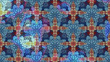 Raster illüstrasyonu. Düz Çiçek Elementleri Tasarımı. Mavi ve nötr renklerde çiçekler. Asya tekstil tarzında. Renkli Bahar Teması eskiz kalıbı. Çiçek desenini çiz.