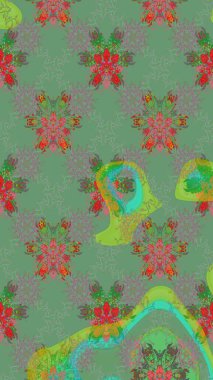 Varicologreen Raster çizimi. Bir sürü yeşil ve soyut çiçekli tropik eskiz deseni. Küçük çiçekte sevimli çiçek deseni var..