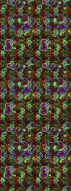 1950-1960 motifleri. Retro tekstil tasarım koleksiyonu. Çiçekli ipek eşarp. Yeşil ve kırmızı, yeşil ve kırmızı üzerine. El çizimi çiçek elementleri ile soyut çizim raster deseni.