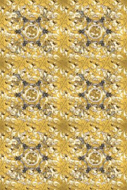 Tarafsız, sarı ve bej renklerde altın elementlerle kusursuz desen. Kusursuz klasik raster altın desenli. Geleneksel oryantasyon süsü. Klasik vintage arkaplan.