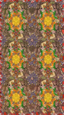 Kahverengi renkte çok kahverengi, zarif küçük çiçekler ve komik böcekler, raster desen, illüstrasyon.