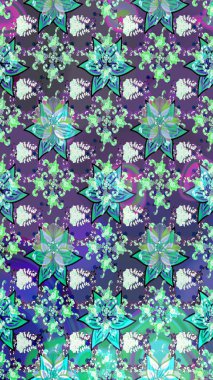 Küçük çiçekteki sevimli çiçek deseni. Varyete ve mavi raster çizimi. Birçok mor ve mavi soyut çiçekli tropikal çizim deseni.