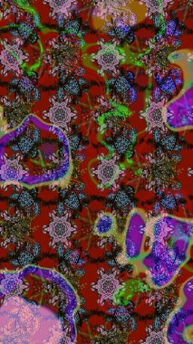 Tekstil, kumaş, kapaklar, duvar kağıtları, baskı, naylon, koleksiyon defteri, örgü, dekupaj için güzel bir eskiz. Millefleur 'lar. Küçük kırmızı ve kahverengi renkte güzel bir besin torbası deseni, çiçekler..