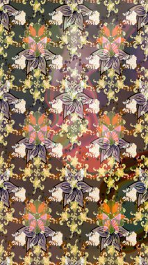 Millefleur 'lar. Küçük kahverengi çiçekli oldukça eski bir besin torbası deseni. Tekstil, kumaş, kapaklar, duvar kağıtları, baskı, paket, koleksiyon defteri, örgü, dekupaj için çiçek arkaplanı..