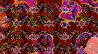 Renkli Bahar Teması eskiz kalıbı. Raster Modaya uygun kumaş deseni. Düz Çiçek Elementleri Tasarımı. Kahverengi ve kırmızı renkli şirin çiçek deseni.