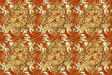 Klasik çiçek dokusu. Altın şablon. Raster illüstrasyonu. Turuncu ve kahverengi renkli Royal retro. Kart, duvar kağıdı, ambalaj ve tekstil için klasik tasarım. Kusursuz desenli altın elementler.