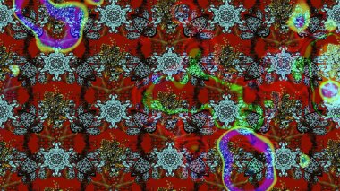 Raster illüstrasyonu. Renkli Bahar Teması eskiz kalıbı. Asya tekstil tarzında. Düz Çiçek Elementleri Tasarımı. Çiçek desenli çizim. Kırmızı ve kahverengi renkte çiçekler.