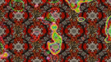 Nakış desenli çiçek deseni. Renkli grunge, soyut arkaplanı kolonya ve kırmızı çiçeklerle süslüyor. İzler, kumaş, duvar kağıtları, tekstil için raster dokusu.