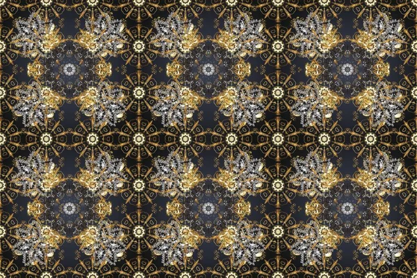 Gri ve kahverengi renklerde kusursuz desen. Raster altın pürüzsüz desen. Doğu tarzı arabesk tarzında altın elementler. Kusursuz altın desenli bukleler..