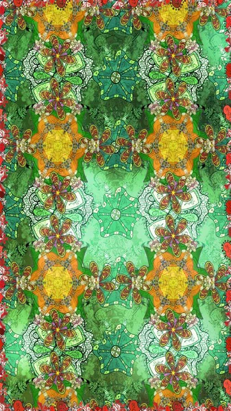 Yeşil ve nötr renklerde. Çiçek buketleriyle klasik bir eskiz şekli. Raster illüstrasyonu.