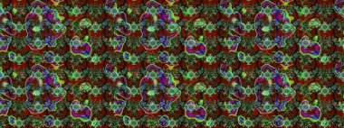1950-1960 motifleri. Çiçekli ipek eşarp. Yeşil ve kırmızı, yeşil ve kırmızı üzerine. Retro tekstil tasarım koleksiyonu. El çizimi çiçek elementleri ile soyut çizim raster deseni.