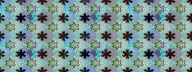 Raster illustration. Flowers on blue and gray colors. Tropical seamless floral pattern.