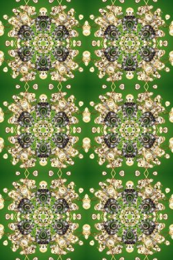 Yeşil, bej ve altın elementli nötr renklerde altın pürüzsüz desen. Noel, kar tanesi, yeni yıl. Yeşil, bej ve altın elementli nötr renklerde kusursuz vintage desen.