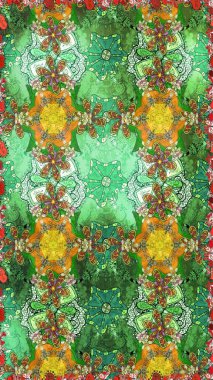 Raster illüstrasyonu. Yeşil ve nötr renklerde. Çiçek buketleriyle klasik tarzda eskiz deseni.