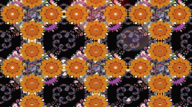 Üst manzara, yumuşak stil. Turuncu renkte manzaralı çiçek deseni. Sevgililer günü ve tebrik kartı konsepti için şık bir davetiye. Çiçek kompozisyonu, el boyası, hassas şablon..