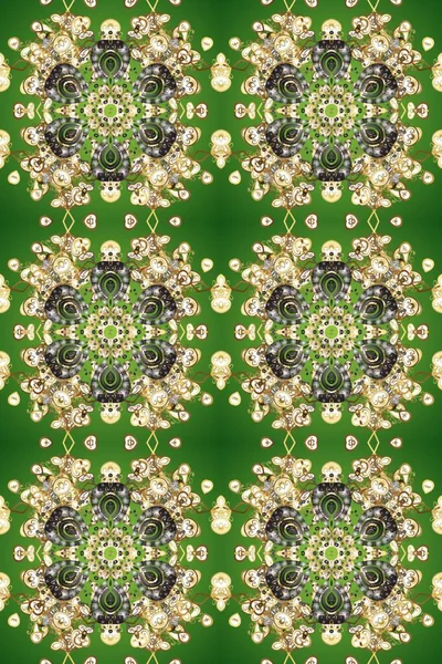 Yeşil, bej ve altın elementli nötr renklerde altın pürüzsüz desen. Noel, kar tanesi, yeni yıl. Yeşil, bej ve altın elementli nötr renklerde kusursuz vintage desen.