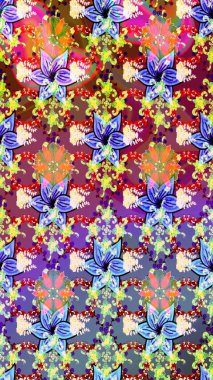 Raster illüstrasyonu. Çiçek süslemeli çizim deseni. Tarafsız ve mavi renkte çiçekler.