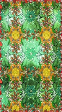 Raster illüstrasyonu. Yeşil ve nötr renklerde. Çiçek buketleriyle klasik tarzda eskiz deseni.