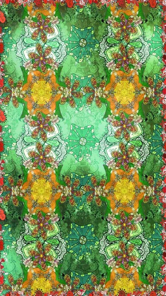 Raster illüstrasyonu. Yeşil ve nötr renklerde. Çiçek buketleriyle klasik tarzda eskiz deseni.