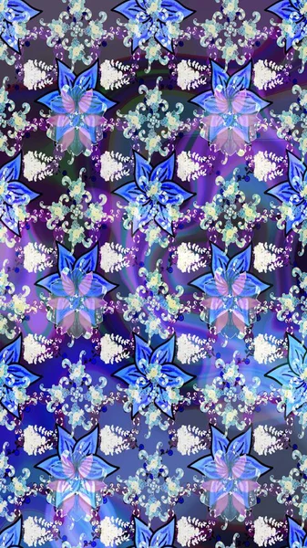 Parlak renkli çiçekleri ve mavi yaprakları olan harika bir çiçek deseni. Halk tarzı. Moda baskıları için zarif bir şablon. Modern çiçek arkaplanı.