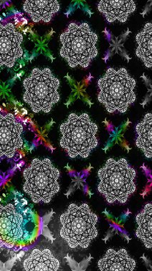 Gri ve siyah renkli bitkilerden oluşan parlak çiçekli çizim deseni.