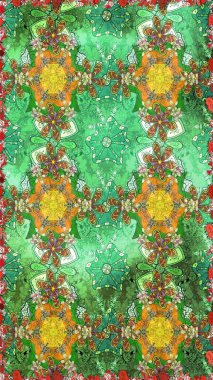 Güzel kumaş deseni. Yeşil renklerde. Raster illüstrasyonundaki çiçek desenli çizim. Raster illüstrasyonu.