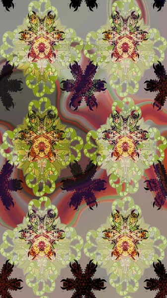 Raster illüstrasyonu. Çiçek desenli çizim. Raster illüstrasyonu. Asya tekstil tarzında. Tarafsız renklerde çiçekler.