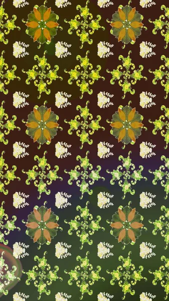 Raster deseni. Yumuşak, yeşil ve kahverengi renklerde bahar çiçekleri. Raster illüstrasyonu. Patlayan çiçekler soyut yerleştirilmiş.