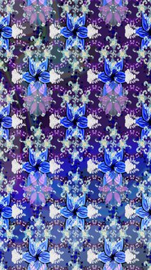 Çiçekli karalama şeklinde Raster çiçek deseni. Raster illüstrasyonu. Yumuşak, bahar çiçekleri mavi renklerde.