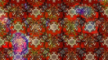Kumaş, tekstil, duvar kağıdı baskısı için. Raster illüstrasyonu. Eskiz geçmişi. Eski usul. Renkli desenli eskiz deseni, kırmızı ve kahverengi çiçekler ve dekoratif elementler.