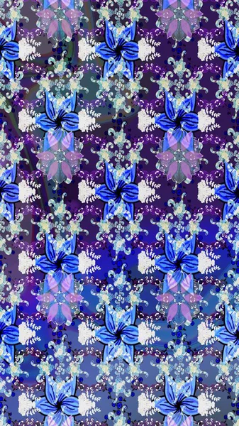 Çiçekli karalama şeklinde Raster çiçek deseni. Raster illüstrasyonu. Yumuşak, bahar çiçekleri mavi renklerde.