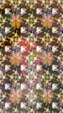 Millefleur 'lar. Küçük kahverengi çiçekli oldukça eski bir besin torbası deseni. Tekstil, kumaş, kapaklar, duvar kağıtları, baskı, paket, koleksiyon defteri, örgü, dekupaj için çiçek arkaplanı..