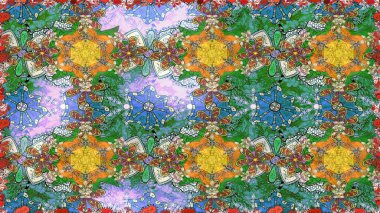 Küçük çiçekteki sevimli çiçek deseni. Varicologreen Raster çizimi. Birçok yeşil soyut çiçekli tropikal çizim deseni.