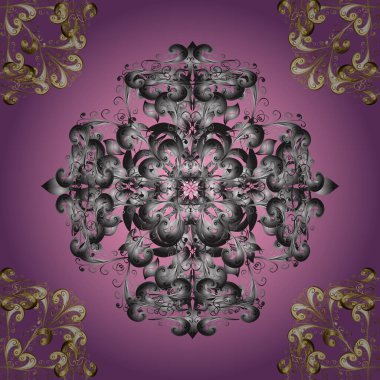 Vector vintage barok çiçeksiz altın desenli. Süslü dekorasyon. Lüks, kraliyet ve Viktorya dönemi konsepti. Gri ve mor renklerde altın desenli altın elementler.