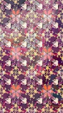 Raster Modaya uygun kumaş deseni. Düz Çiçek Elementleri Tasarımı. Renkli Bahar Teması eskiz kalıbı. Tarafsız ve mor renkli şirin çiçek deseni.