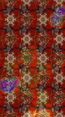 Kahverengi ve kırmızı renkte etnik çiçeklerle süslenmiş zarif bir eskiz şekli. Raster Çiçek İllüstrasyon Şirin Tekstil.