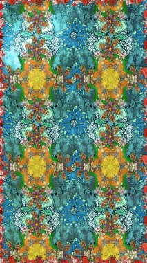 Raster Çiçek İllüstrasyonu 'nun şirin tekstili. Mavi renkli etnik çiçeklerle zarif eskiz deseni.