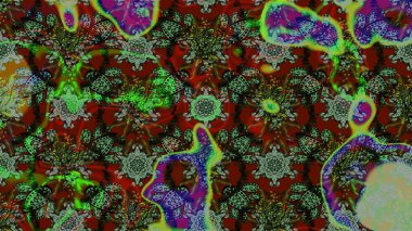 1950-1960 motifleri. Retro tekstil tasarım koleksiyonu. Çiçekli ipek eşarp. El çizimi çiçek unsurları olan soyut çizim raster deseni. Yeşil ve kahverengi yeşil ve kahverengi.