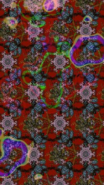 Eskiz geçmişi. Renkli desenli eskiz deseni, kırmızı ve kahverengi çiçekler ve dekoratif elementler. Eski usul. Raster illüstrasyonu. Kumaş, tekstil ve duvar kağıdı baskısı için..