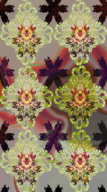 Tarafsız renklerde çiçekler. Çiçek desenli çizim. Raster illüstrasyonu. Asya tekstil tarzında. Raster illüstrasyonu.