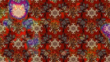 Kahverengi ve kırmızı renkte çiçekler. Raster illüstrasyonu. Çiçek desenli çizim. Raster illüstrasyonu. Asya tekstil tarzında.