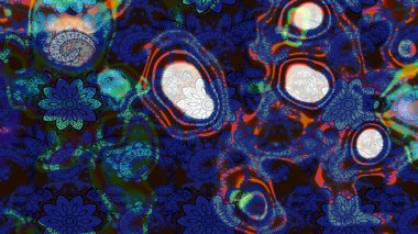 Vadinin çiçekleri kahverengi ve mavi renklerde. Soyut etnik raster çizim kalıbı. Çiçekler..