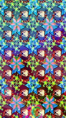 Mavi ve yeşil renkli çiçekler. Çizim çiçek deseni duvar kâğıdı olarak kullanılabilir. Raster illüstrasyonu.