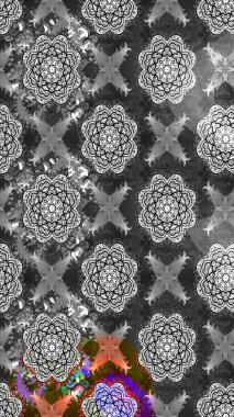 Kabile sanatı boho baskısı, klasik çiçek arkaplanı. Soyut etnik raster çizim kalıbı. Arkaplan dokusu, duvar kağıdı, çiçek teması tarafsız ve gri renklerde.