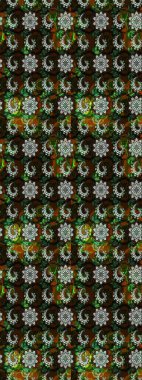 Çiçek duvar kağıdı. Hint süsü. Raster illüstrasyonu. Çizim kalıbı. Kahverengi ve siyah renklerde. Renkli süs kenarı.