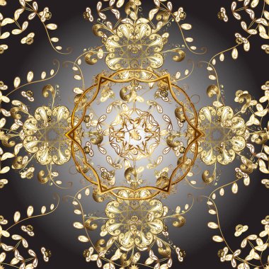 Arkaplan, kumaş, altın duvar kağıdı. Düz elle çizilmiş klasik koleksiyon. Gri ve kahverengi renklerdeki altın desenli altın elementler. Altın pürüzsüz desen.