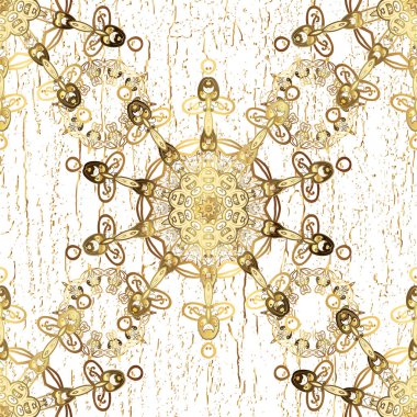 Bej rengi ve altın elementlerle bembeyaz renklerde altın pürüzsüz desen. Noel, kar tanesi, yeni yıl. Altın elementlerle bej ve beyaz renklerde kusursuz klasik desen.