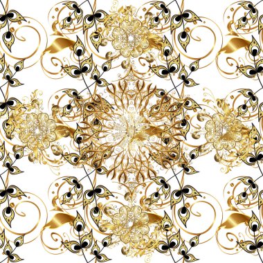 Kahverengi ve beyaz renklerde altın antika çiçek ortaçağ dekoratif, yaprakları ve altın desen süsler ile Vektör dikişsiz desen. Dikişsiz kraliyet lüks altın barok damask vintage.